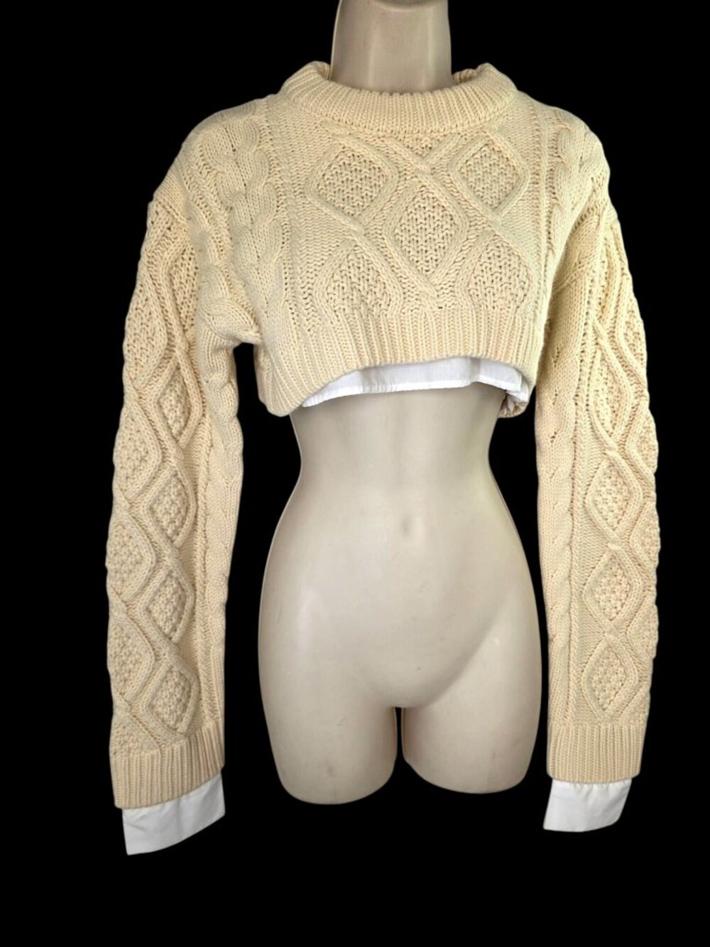 Lioness Australia Faux Layered Cable Knit Sweater Womens S Ivory 2 in 1 Crop NEW